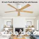 ELEHINSER 52 Inch Flush Mount Ceiling Fan without Light, Low Profile Modern Ceiling Fan with Remote, Quiet DC Motor, 6-Speed, Timer, 5 Solid Wood Blades,White+Light Wood