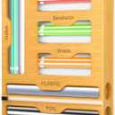 KOCWELL Bag Organizer and Plastic Wrap Dispenser with Cutter, 6 In 1 Bamboo Foil and Plastic Wrap Organizer for Kitchen Drawer, Food Storage Bag Organizer for Gallon,Quart,Sandwich,Snack(Yellow)