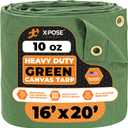 Xpose Safety Canvas Tarp - 10oz Green Canvas Tarps Heavy Duty Water Resistant with Brass Grommets- Multipurpose Outdoor Tarpaulin for Camping, Canopy, Trailer, Equipment Cover 16' x 20'