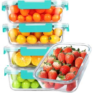 KOMUEE 30 oz 5 Pack Glass Meal Prep Containers, Glass Storage Containers with Lids - Dishwasher, Microwave, Oven and Freezer Safe, Green