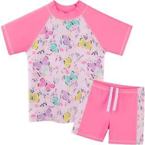 Girls Two Piece Swimsuit Floral UPF 50+ Rash Guard Set Kids Beach Swimwear (5-6 Years, Pink Butterfly)