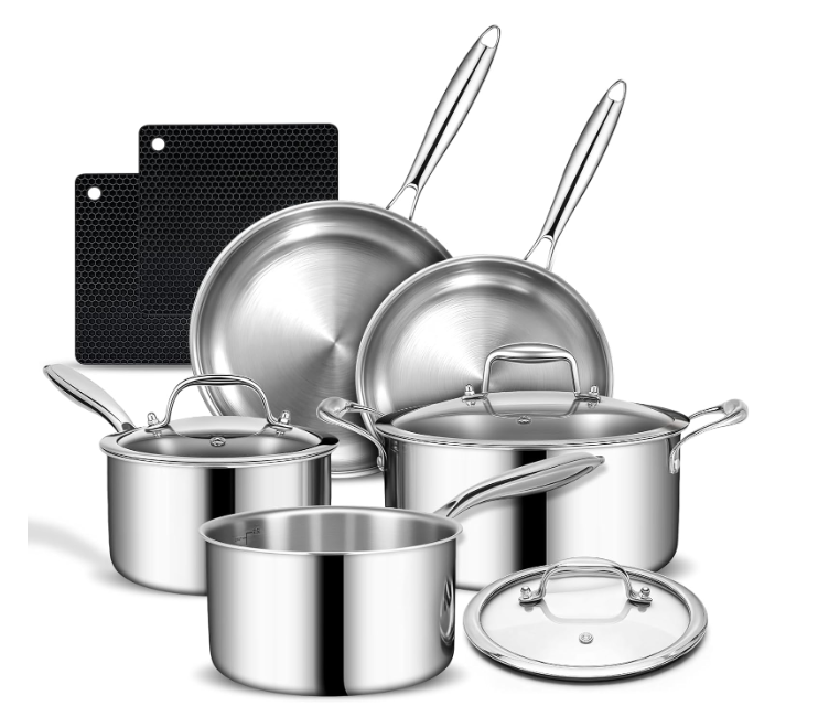3 Ply Stainless Steel Cookware Set, AIVIKI 10Pieces Pots and Pans Set, Induction Kitchen Cookware Set, Oven Safe to 500℉, Chef Quality Cooking Set w/Fry Pans, Saucepans, Dutch Oven, Kitchen Essential