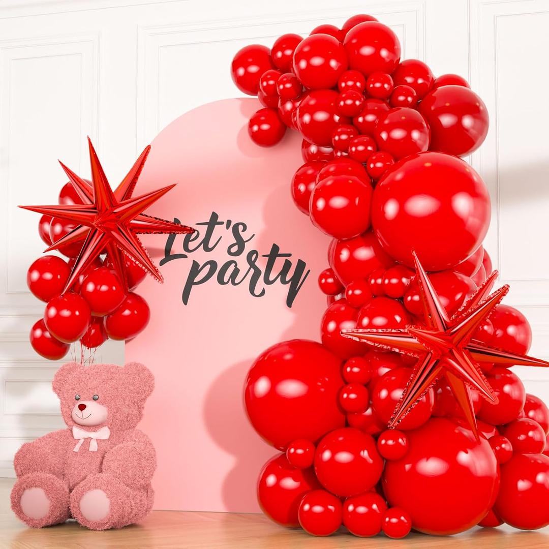 3 x 83pcs Red Balloons with 2 Star Foil Balloons, 18 12 10 5 Inch Bight Red Latex Balloon Garland Arch Kit for Anniversary, Wedding, Valentines Day, Mothers Day Party Decor