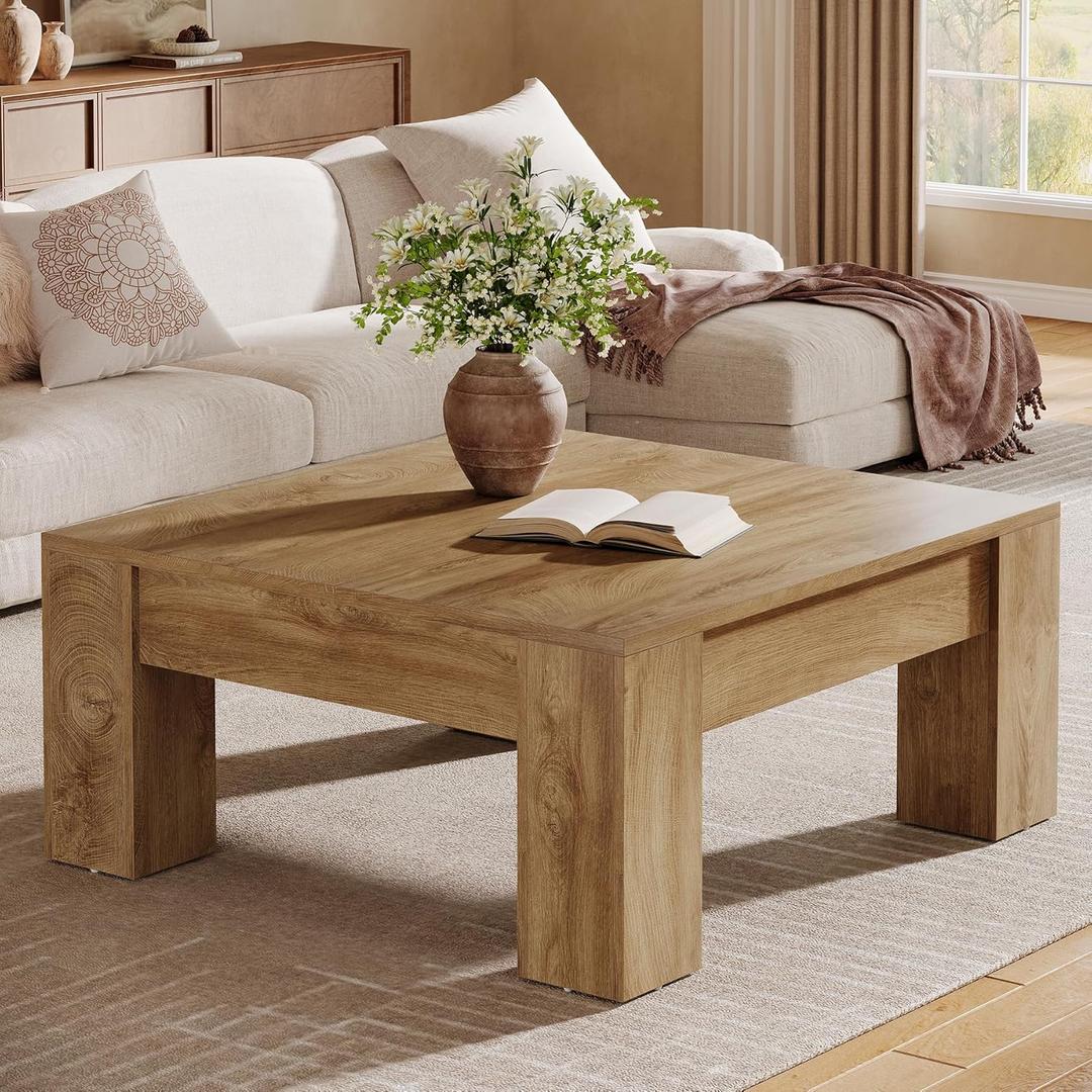 Tribesigns Farmhouse Square Coffee Table, 39-Inch Wooden Coffee Table with Sturdy Legs, Rustic Accent Center Table for Living Room, Easy Assembly, Light Brown
