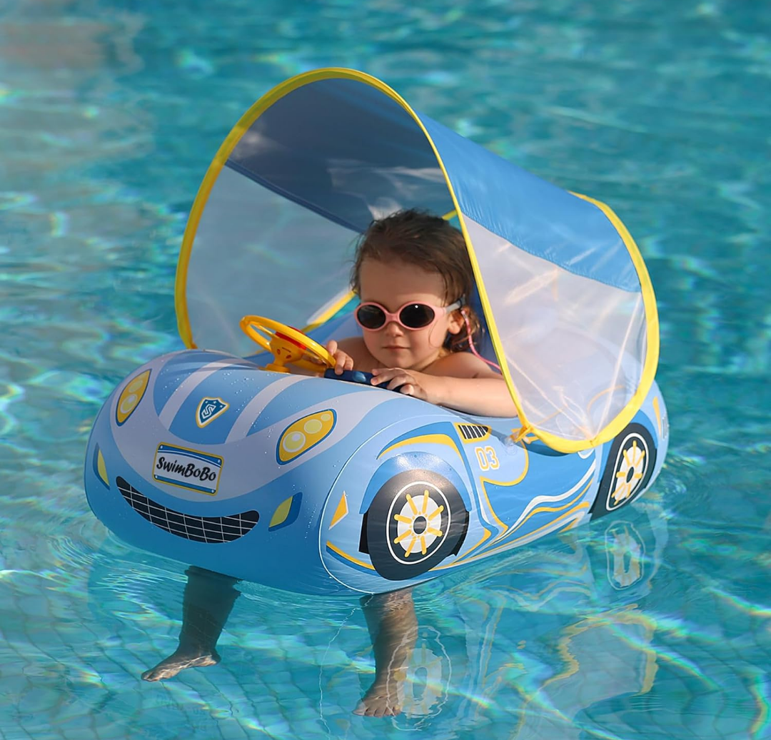 Swimbobo Toddler Pool Float Inflatable Car Baby Swim Float with Adjustable Sun Canopy and Safety Seat Pool Toys for Kids 3+ Years Old