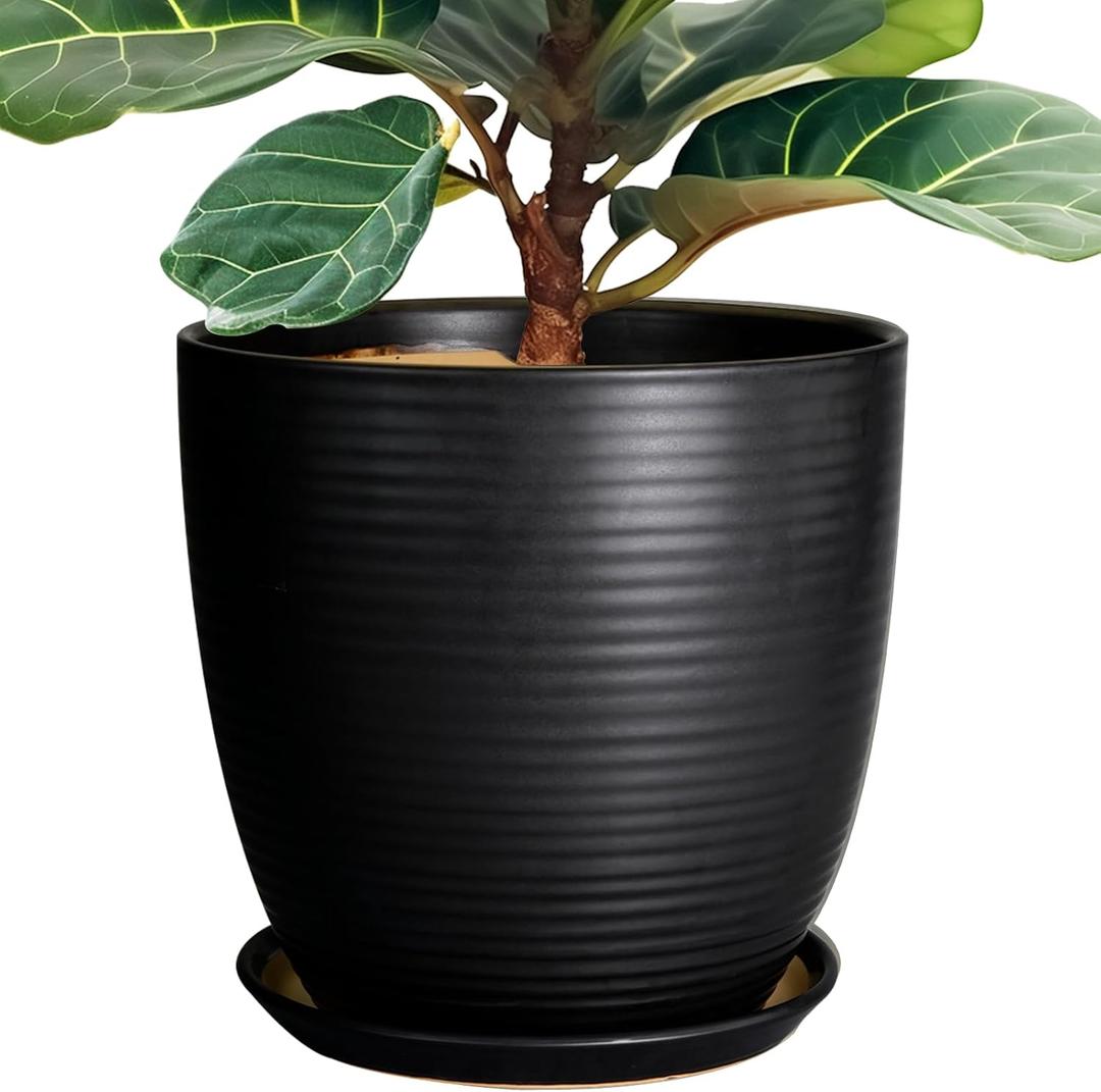 12 Inch Pots for Plants - Ceramic Planter Pot, Large Flower Pot with Drainage Hole and Saucer for Home Patio Garden Office Indoor Outdoor, Black 12 Inch Pots for Plants - Ceramic Planter Pot, Large Flower Pot with Drainage Hole and Saucer for Home Patio Garden Office Indoor Outdoor, Black