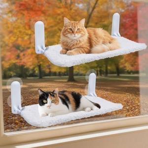 SMOUATOU Cat Window Perch, Cordless Foldable Cat Hammock Bed, Embeded Machine Washable Bed for Indoor Cats, Strong Metal Frame Holds 40lbs (Beige, Two Pieces)