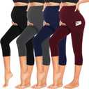 4 Pack Womens Maternity Leggings with Pockets Over The Belly Butt Lift - Soft Workout Pregnancy Yoga Pants (Medium, 04-black/Burgundy/Navy Blue/Grey)