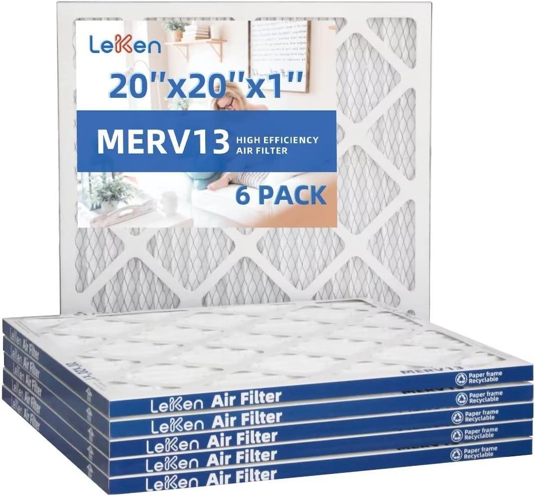 LEKEN 20"x20"x1" MERV 13 AC Furnace Air Filter 6 Pack, Electrostatic Fold Air Conditioning HVAC Air Conditioning AC Furnace Filter, Applicable to families with pets, (Actual size19.5"x19.5"x0.75")