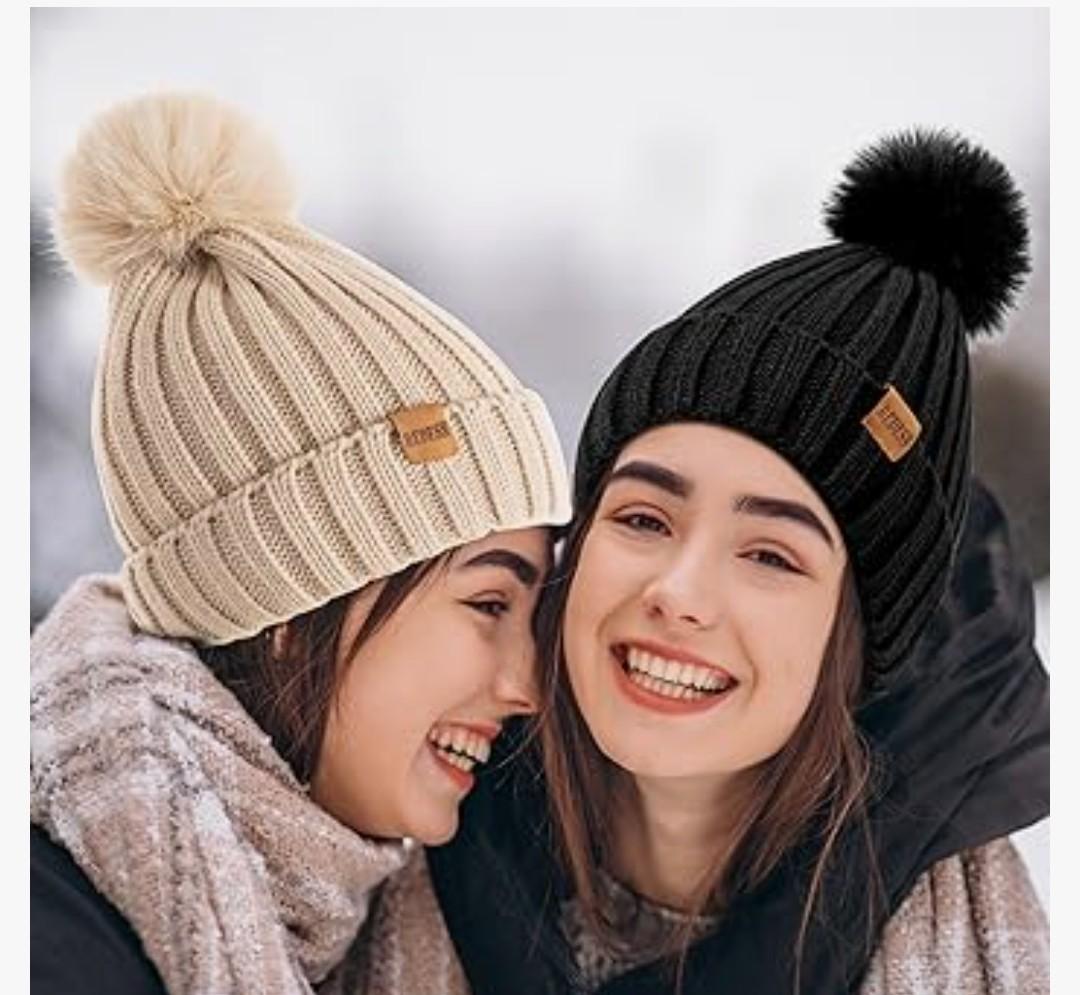 Womens Winter Knitted Beanie Hat Warm Fleece Lined with Pompom Cap Thick Slouchy Snow Knit Skull Ski Cap , 3 pcs , Set , Black and white