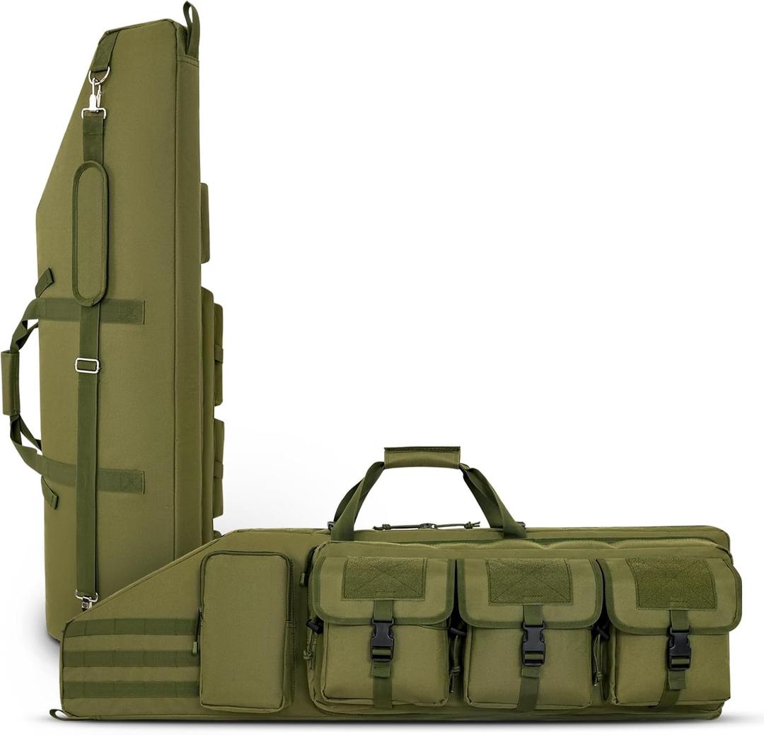 DULCE DOM Double Rifle Case 36/42/48 inch Soft Bag Tactical Backpack with Removable Dividers for Hunting Shooting Range, MOLLE System Multiple Magazine Pouches & Accessory Bags (Green)