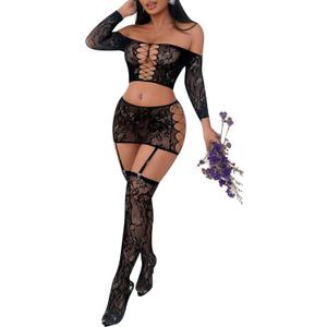 RSLOVE Lingerie Sets for Women Sexy - Fishnet BabyDoll Garter Mini Skirt Bodystocking Mesh Bodysuit Outfits Nightwear (One Size, Black)
