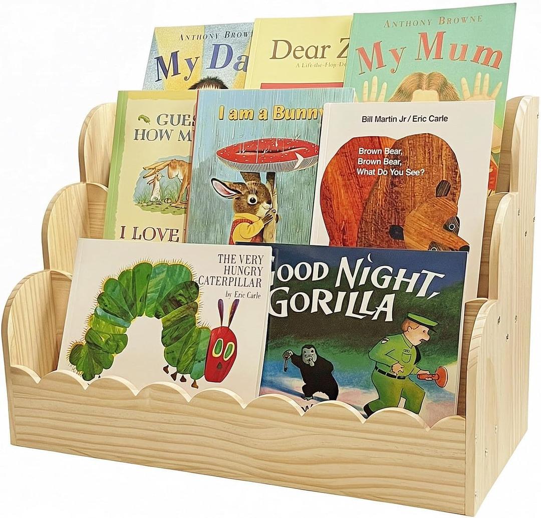 Scalloped Bookshelf for Kids, 3-Tier Small Kids Bookshelf & Baby Book Case, Solid Wood Book Organizer Montessori Toddler Bookshelf for Nursery, Playroom & Kids Rooms (Natural, 23.6x16.5x11in)