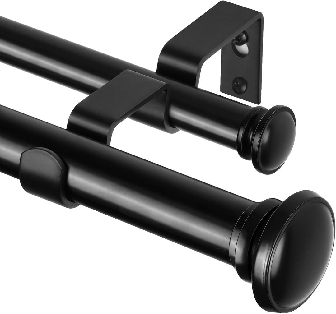 TONIAL 1 Inch Double Curtain Rods 36 to 72 Inches (3 to 6ft), Heavy Duty Decorative Drapery Rod for Windows 24 to 68 Inches (2 to 5.7ft) with Small Cap Finial, Black