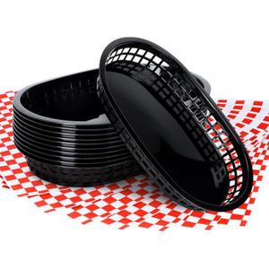 Plastic Food Baskets with Liners,120 Sheets Red Checkered Deli Paper Liners and 12 Black Fast Food Basket Bulk, Classic Reusable Baskets with Waxed Paper Liners (Black Baskets & Red Liners)