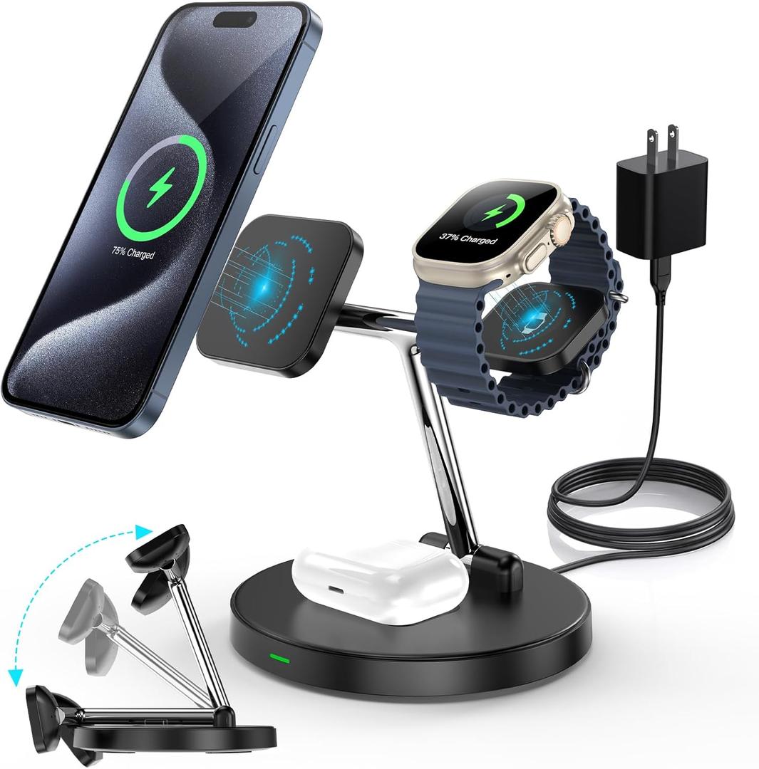 3 in 1 Wireless Charger Foldable Charging Station for Multiple Apple Devices, Compatible with iPhone 15/ 14/ 13/ 12, for Apple Watch, for AirPods Pro/ 3/ 2, Cable Adapter Included(Black)