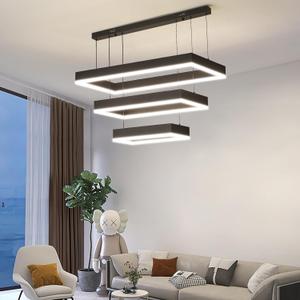Modern Kitchen Island Pendant Light, Rectangle Dimmable LED Chandelier, 3 Layer Adjustable Ceiling Light Fixture for Dining Room, Living Room, Bedroom, 3000K-6500K, Black Foyer Hanging Light (Rect 15.7"+23.6"+31.5", Black light down)