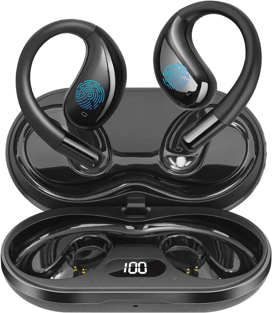 Open Ear Clip Wireless Earbuds Bone Conduction Headphones, Bluetooth 5.4, Open Ear Design for Running Fitness,OfficeBuilt-in Mic, IPX7 Waterproof, LED Display Charging Case,Ear Hooks Black