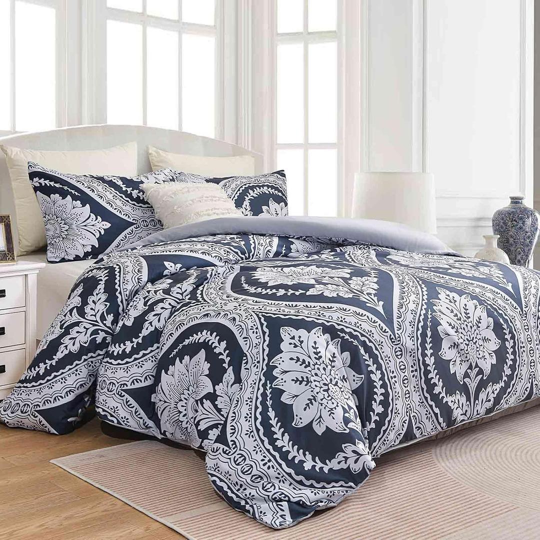Nanko Boho Duvet Cover Set King Size, Navy Blue White Floral Damask Print Pattern, Soft Microfiber Reversible Comforter Bedding Cover Zip Ties - Vintage Bohemian Farmhouse for Women Men, 3 Pcs 104 x90