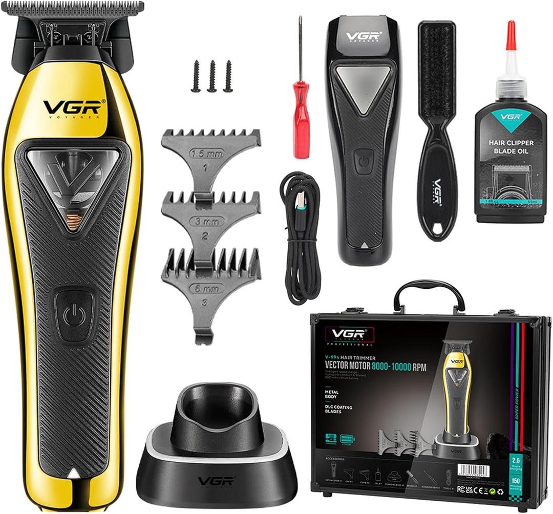 VGR 994 Vector Motor Hair Trimmer for Men, 10000 RPM Professional Hair Clippers Beard Trimmer, DLC T Blade Trimmers for Barbers, Cordless Zero Gapped Line Up Clippers with Metal Body, Travel Case