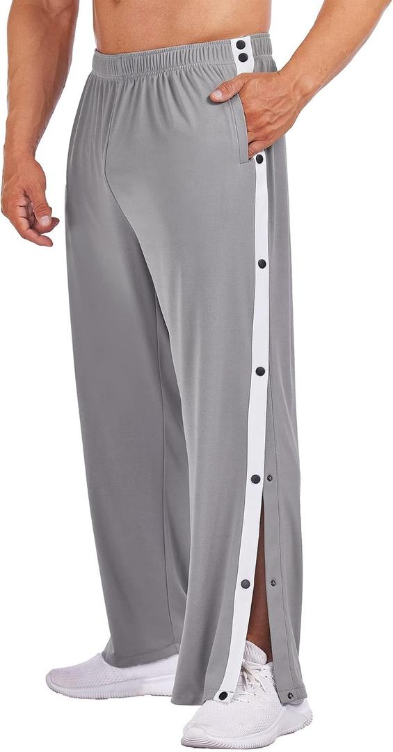 Deyeek Men's Tear Away Basketball Pants High Split Snap Button Casual Post-Surgery Sweatpants with Pockets (Medium, Grey)