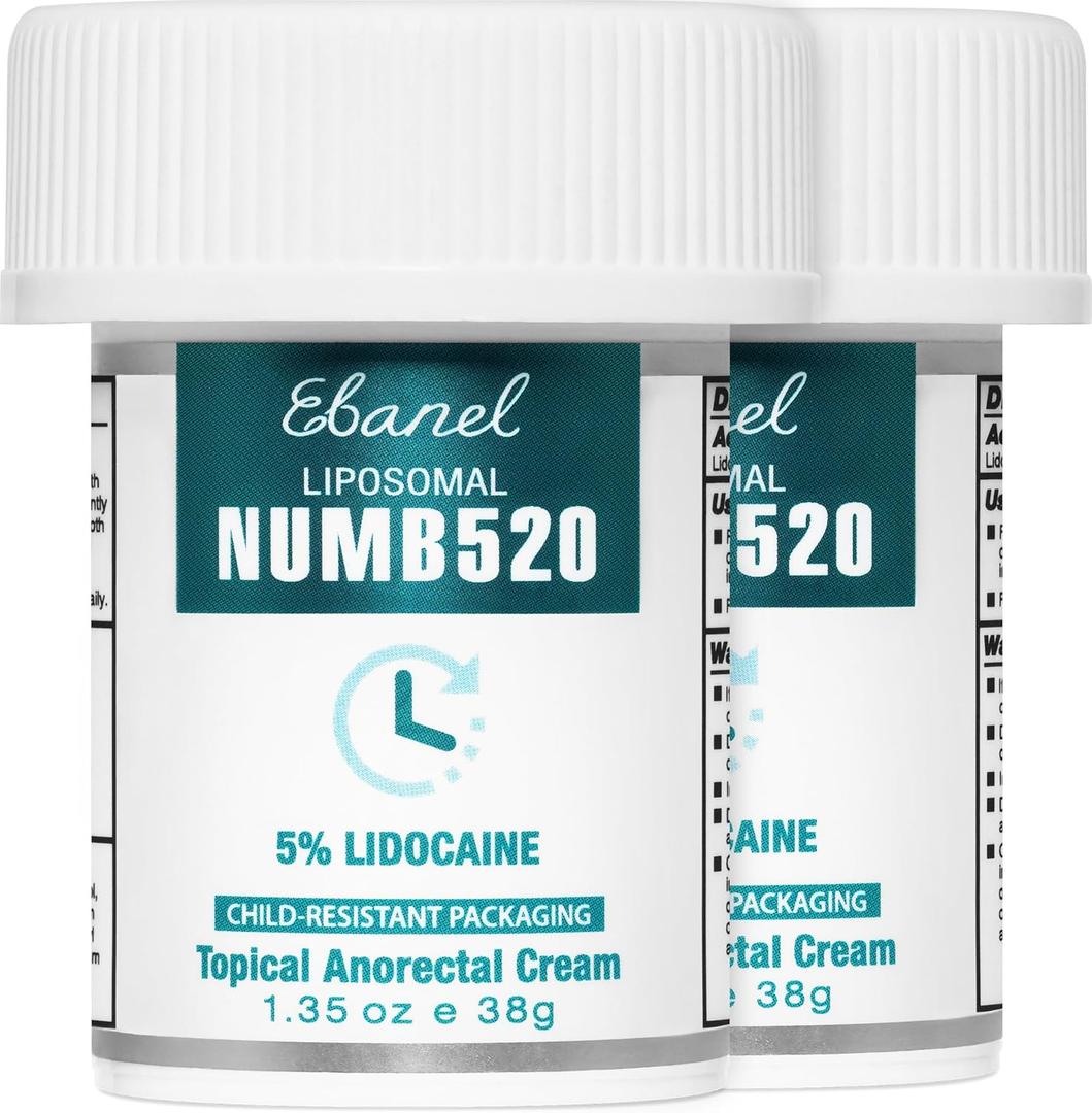 Ebanel 5% Lidocaine Numbing Cream, 2-Pack Pain Relief Burn Itch Numb Cream, Maximum Strength Topical Anesthetic with Allantoin, Vitamin E for Local and Anorectal Uses, Hemorrhoid Treatment