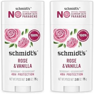 Schmidt's Aluminum-Free Vegan Deodorant Rose & Vanilla with 24 Hour Odor Protection 2 Count for Women and Men, Natural Ingredients, Cruelty-Free, 2.65 oz