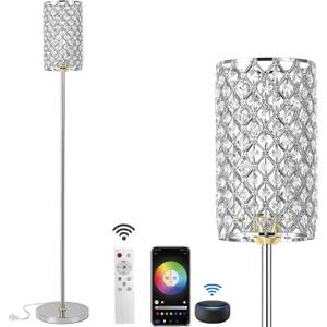 Crystal Floor Lamp with Remote Control, Smart Modern Silver Floor Lamps for Bedroom, Living Room, Crystal Standing Lamp Silver Home Dcor, LED Bulb Included