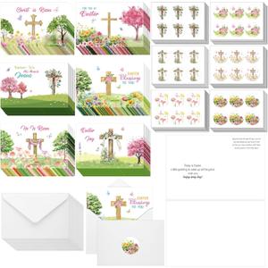 Dispowreath 240 Pcs Inspirations Easter Card Bulk with Scripture Easter Greeting Cards with Envelops Stickers He Is Risen Cards Spring Jesus Cross Inspiring Bible Cards for Christians Party Favors