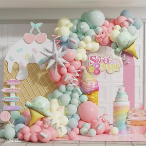 Ice Cream Balloon Arch Garland Kit,160Pcs Pastel Pink Green Yellow Blue Balloons with Ice Cream Foil Balloons for Kids Girls Birthday Baby Shower Candyland Sweet One Two Sweet Party Decorations