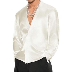 Floerns Men's Wedding Long Sleeve V Neck Shirts Shiny Satin Prom Party Club Shirts (XX-Large, Champagne)