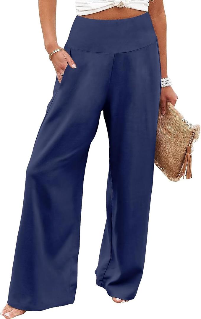 JZC Women's Palazzo Lounge Pants Casual Wide Leg Pants High Waist Flowy Toursers with Pockets (Blue, L)