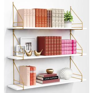 Harwaya White and Gold Floating Shelves 36 Inch Long, Wall Shelves for Bedroom Books, Modern Wall Hanging Bookshelf Unit for Living Room Office Kitchen Bathroom Decor - Set of 3