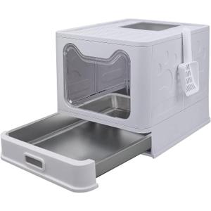 Tokenkuko Stainless Steel Foldable Enclosed Cat Box with Lid, Front Entry Top Exit Cat Box, Large Box with Cat Scoop, For Small to Large Cats (Gray)