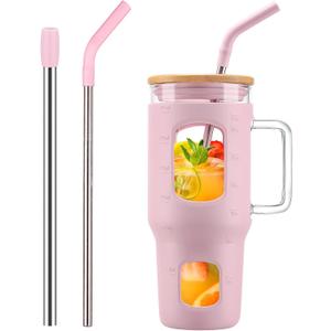 Glass Tumbler with Straw and Lid, 32 oz Glass Cup with Handle, Glass Water Bottles with Time Marker, 2 Straws - Pearl Straw & Drinking Straw Silicone Protective Sleeve-Pink