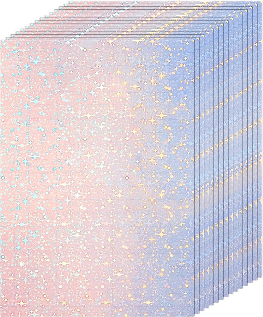 Clabby 36 Sheets Holographic Sticker Paper A4 Vinyl Holographic Laminate Sheets Self Adhesive Waterproof Transparent Film, 11.7 x 8.3 inches(Star)