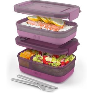 Ello 2-Pack Lunch Stack Plastic Food Storage Container Bento Box with Airtight, Leak-Proof Locking Plastic Lids and Silicone Base, BPA-Free, Freezer, Microwave, and Dishwasher Safe, Raspberry