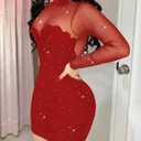 Womens Long Sleeve Bodycon Mini Dress Mock Neck Sheer Mesh Patch Night Out Party Short Dress (Red, L)