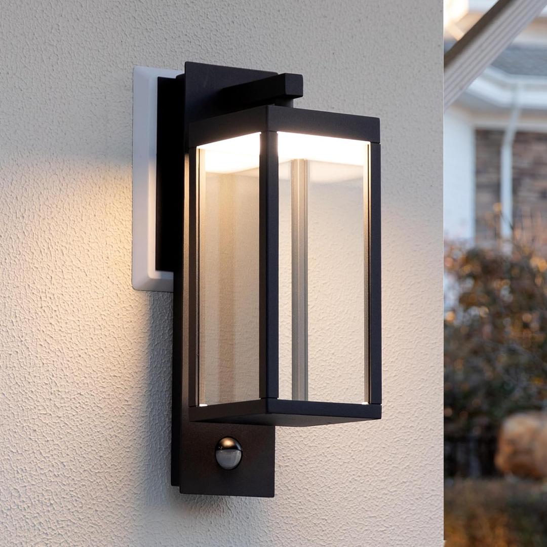 Motion Sensor Outdoor Wall Light LED Wall Sconce Black Mount Waterproof Exterior Light Fixture Aluminum Porch Lamps for Patio Entryway Doorway Fence Garage, 750LM 3000K