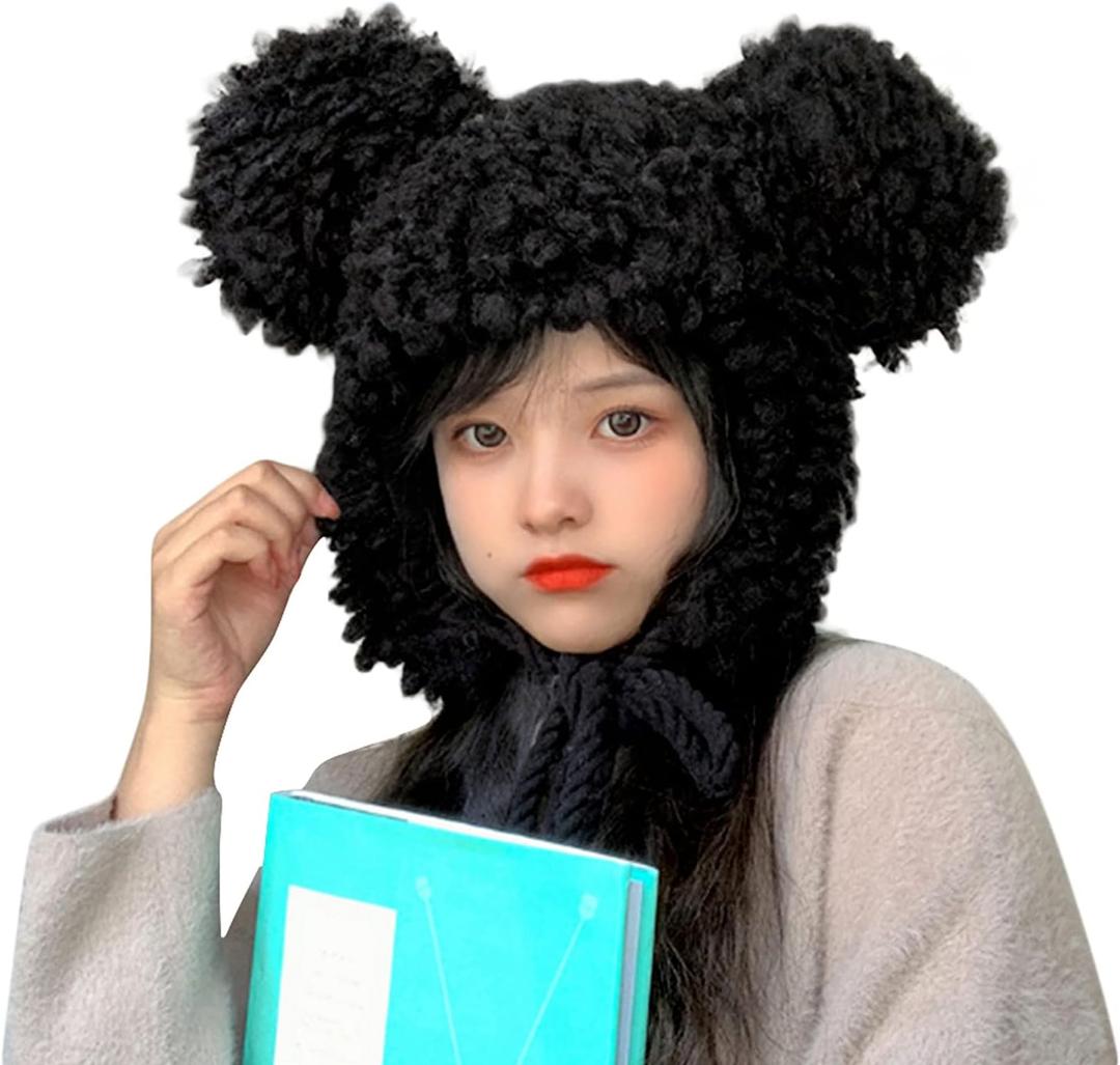 Cute Plush Faux Fur Animal Critter Hat Cap with Ear Flaps Fuzzy Bear Hat Soft Warm Winter Hats Beanie for Adults Women Girls (Large, Black)