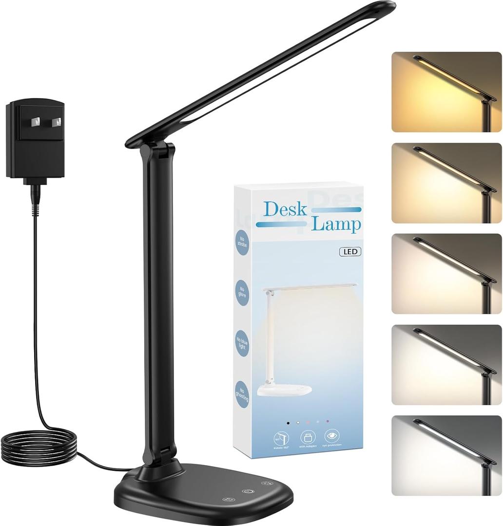 Desk Lamp with Charger, 10%-100% Stepless Dimmable & 5 Color Modes Study Lamp, Touch Control, 30-/60-minute Timer, USB Charging Output Port, CRI90, Eye-Caring Foldable LED Desk Lamps for Home Office
