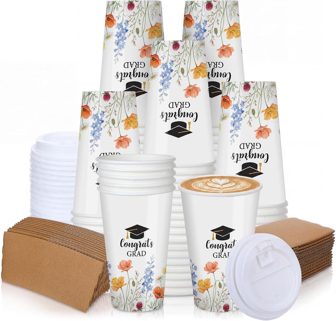 Zhehao 90 Pcs/ 30 Sets 16oz Graduation Coffee Cups with Lids and Sleeves Wildflower Congrats Grad Disposable Paper Coffee Cups Class of 2026 Drinking Cup for Graduation Party Supplies