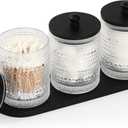 3 Pack Qtip Holder - Bathroom Organizers and Storage, Cotton Round Holder Floss Pick Holder Cotton Ball Holder with Tray, Glass Apothecary Jars with Lids, Cotton Pad Holder Set -clear b D