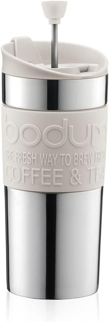 Bodum Travel French Press Coffee Maker Set, Stainless Steel with Extra Lid, Vacuum, 0.35 L/12 oz, White