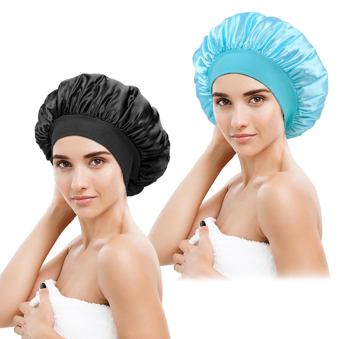 Satin Silk Bonnet for SleepingSoft Elastic Wide Band Sleep Silk Cap for Women and menSilk Hair Wrap for Natural and Curly Hair Black+Blue Floral