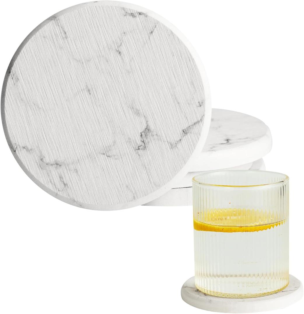 Stone Coasters for Drinks, Set of 4 (Dia. 4 in), Quick Absorbent Diatomaceous Earth Coaster with Aesthetic Marble Pattern, Desk & Coffee Table Decor, House Warming Gifts New Home - White