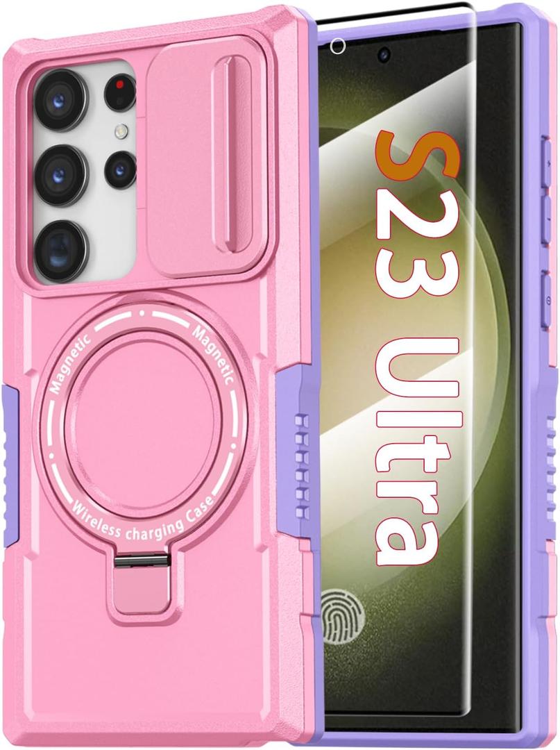 Magnetic Case for Samsung Galaxy S23 Ultra, with Ring Stand [Screen Protector] [Compatible with MagSafe] Military Grade Case with Camera Cover, Heavy Duty Shockproof Cover for Samsung S23 Ultra, Pink (Mag Pink)
