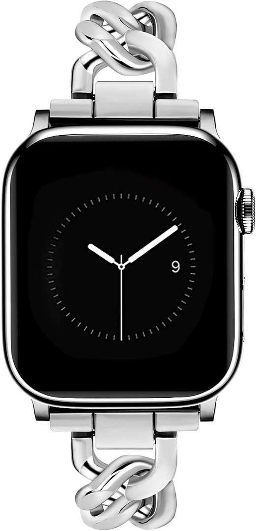JR.DM Silver Watch Bands for Women Compatible with Apple Watch, Adjustable Metal Cowboy Steel Single Chain Bracelet for iWatch, Size: 41/40/38/42mm(Series 10/11)