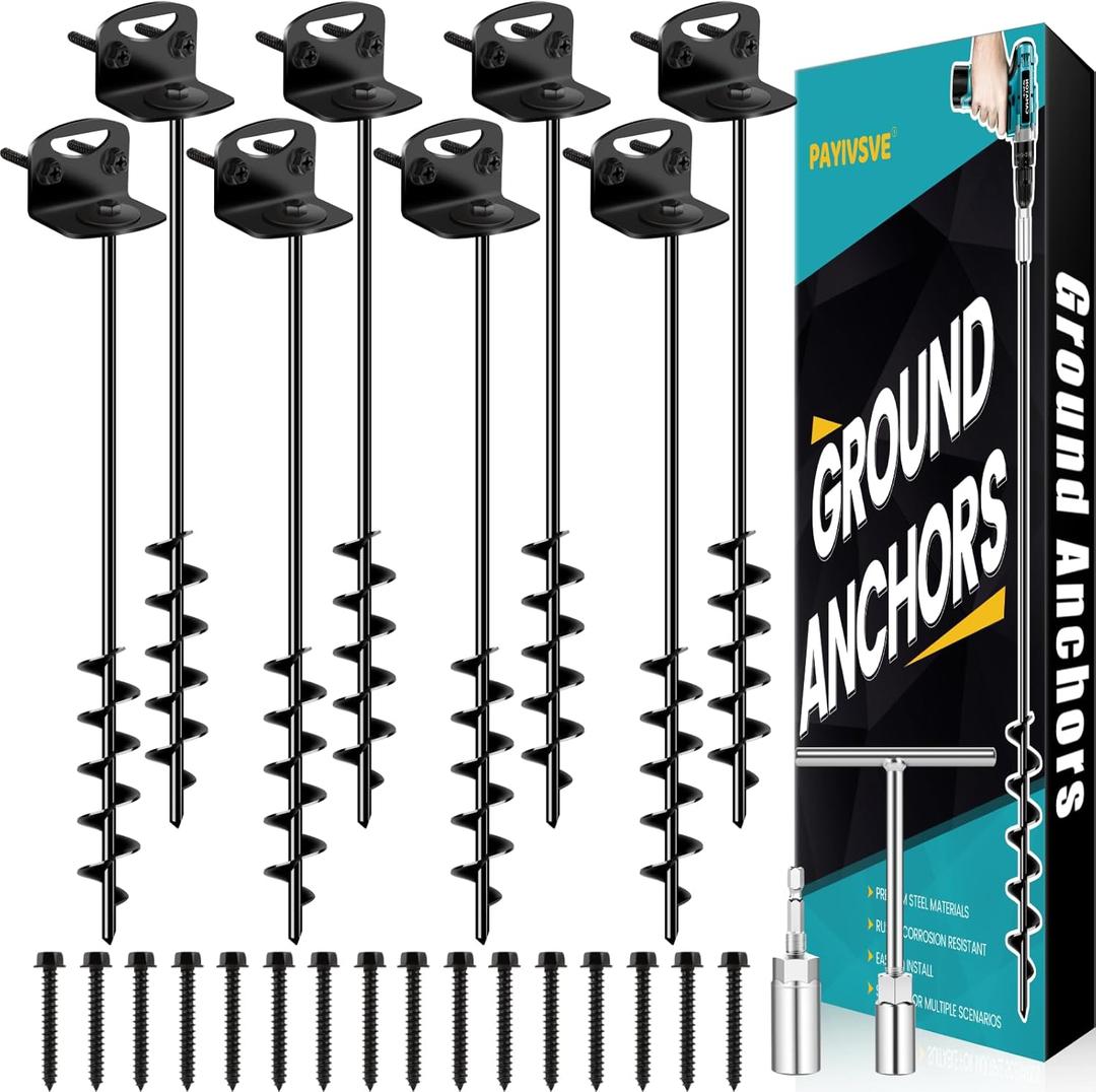 25" Ground Anchors Screw in, Mobile Home Anchors with Upgraded Wider Spiral Blades, Earth Anchors Swing Set Anchors High Wind Heavy Duty for Shed, Trampoline, Carports(Set of 8) (Black)