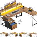 63" Gaming Desk with LED Lights, L Shaped Desk with Monitor Stand, Computer Desk with Drawers, PC Desk with Outlets, Office Desk with Monitor Stand, Rustic Brown